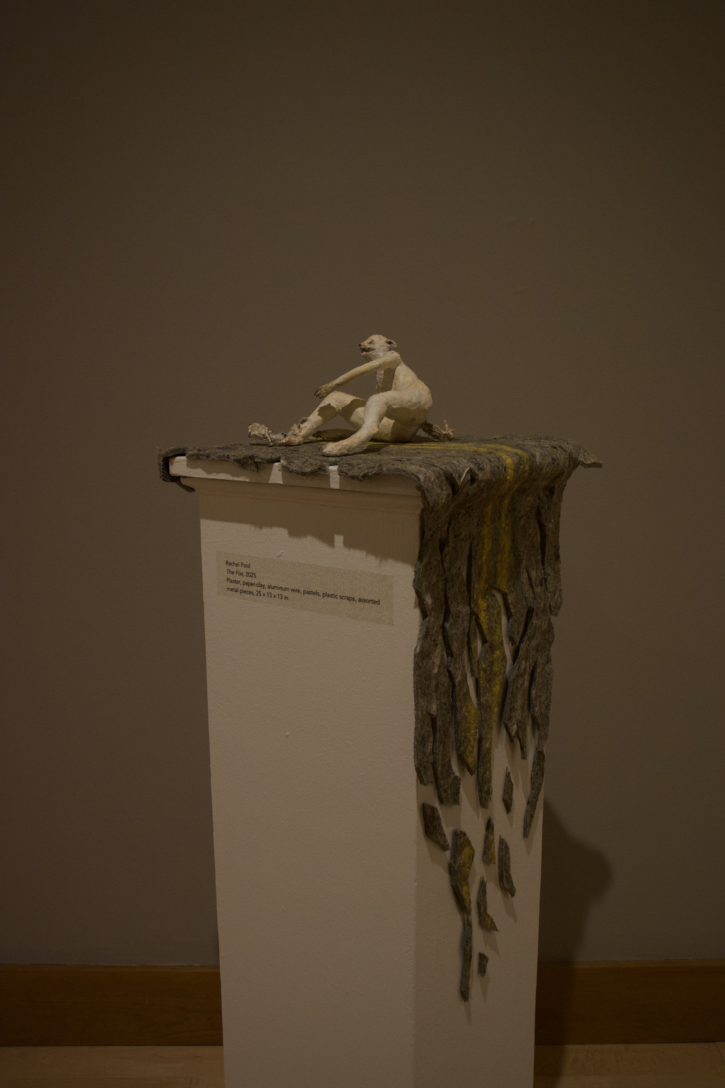 "The Fox" (2025) materials: aluminum wire, discarded plastic bags, yarn, cotton gauze, plaster, paper clay, mixed metals, pastels