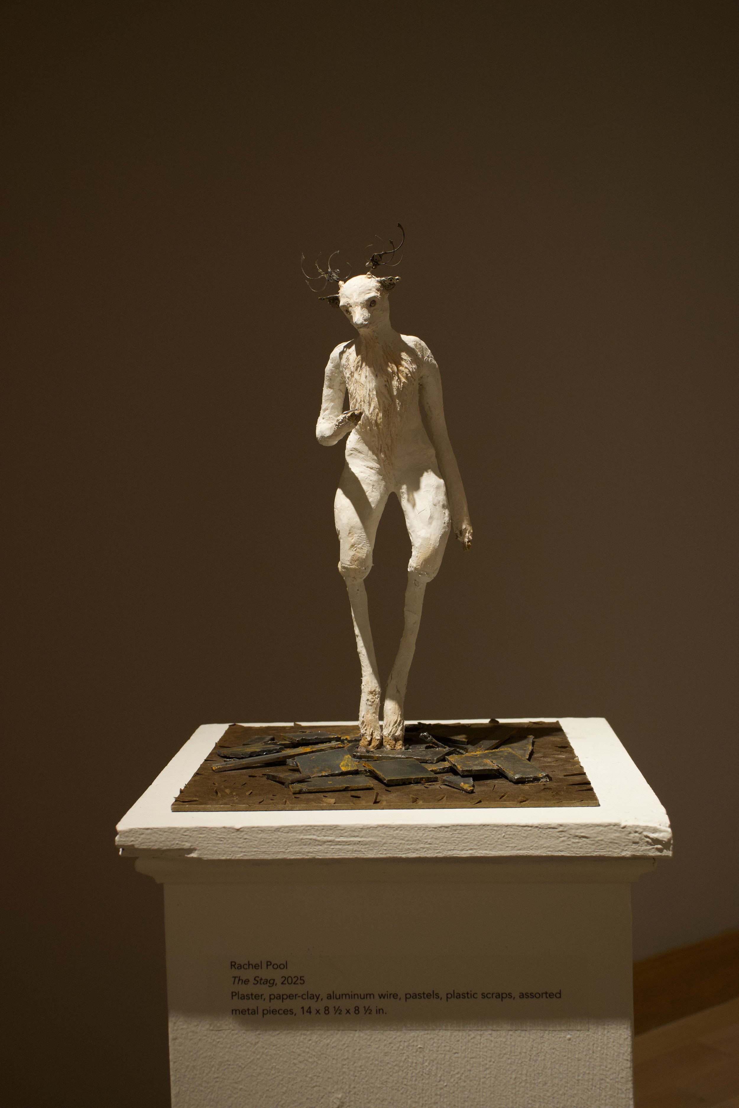 "The Stag" (2025) materials: aluminum wire, discarded plastic bags, yarn, cotton gauze, plaster, paper clay, mixed metals, pastels
