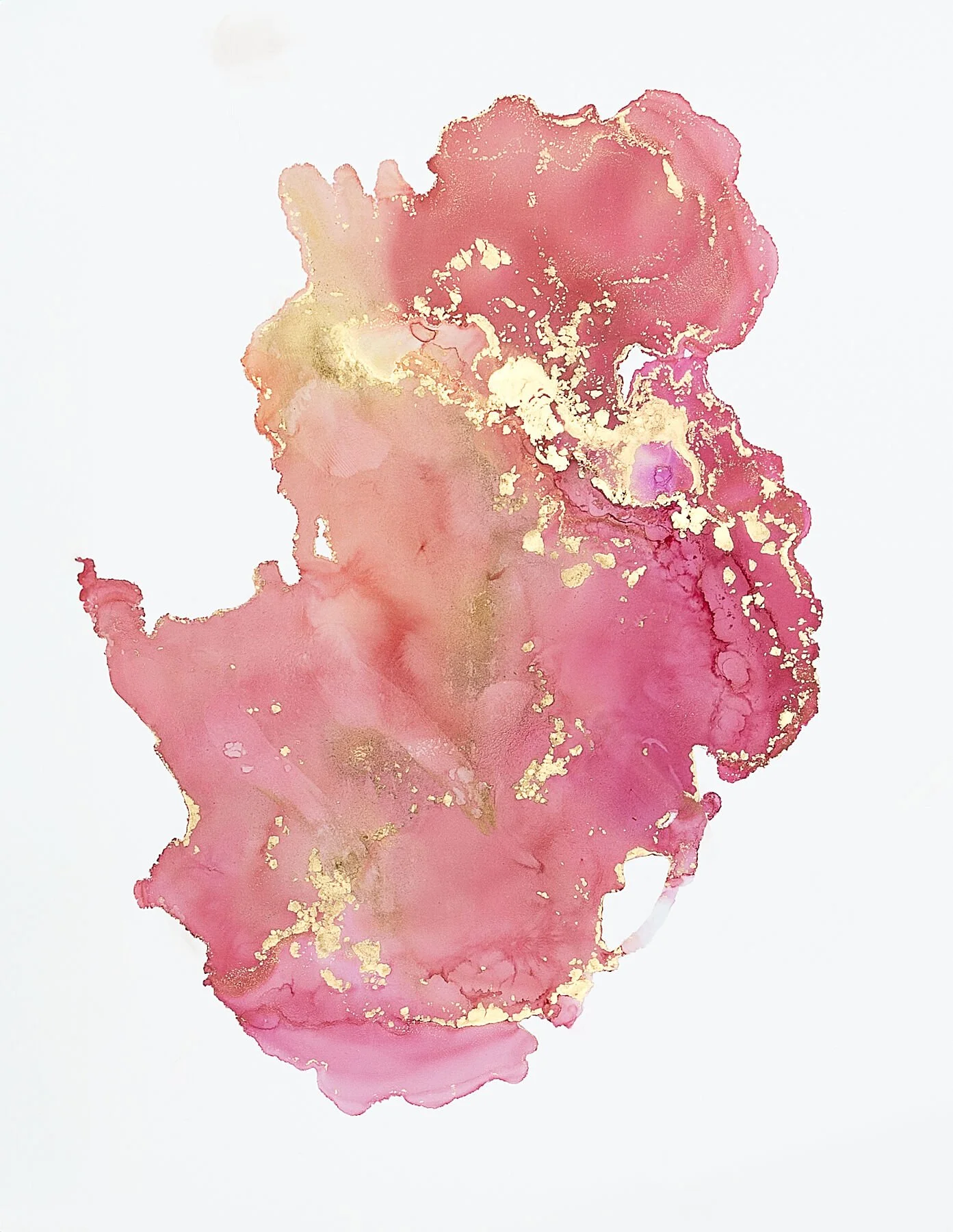 Abstract watercolor painting in shades of pink with gold accents on white background.
