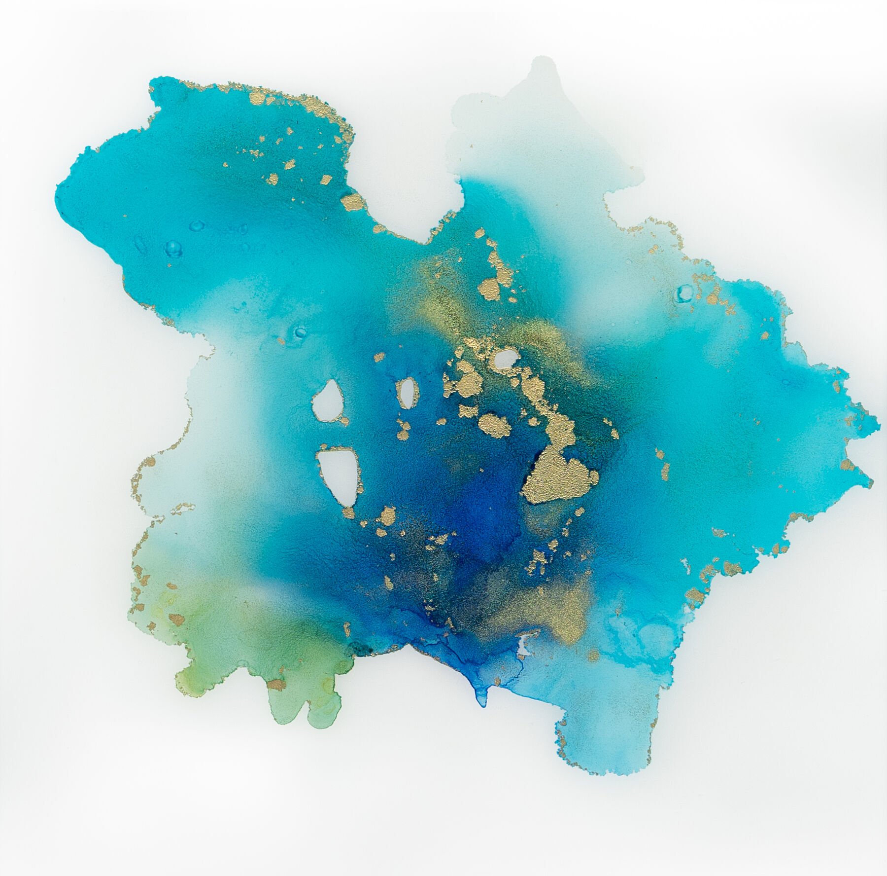 Abstract watercolor painting with shades of blue, green, and gold on a white background.