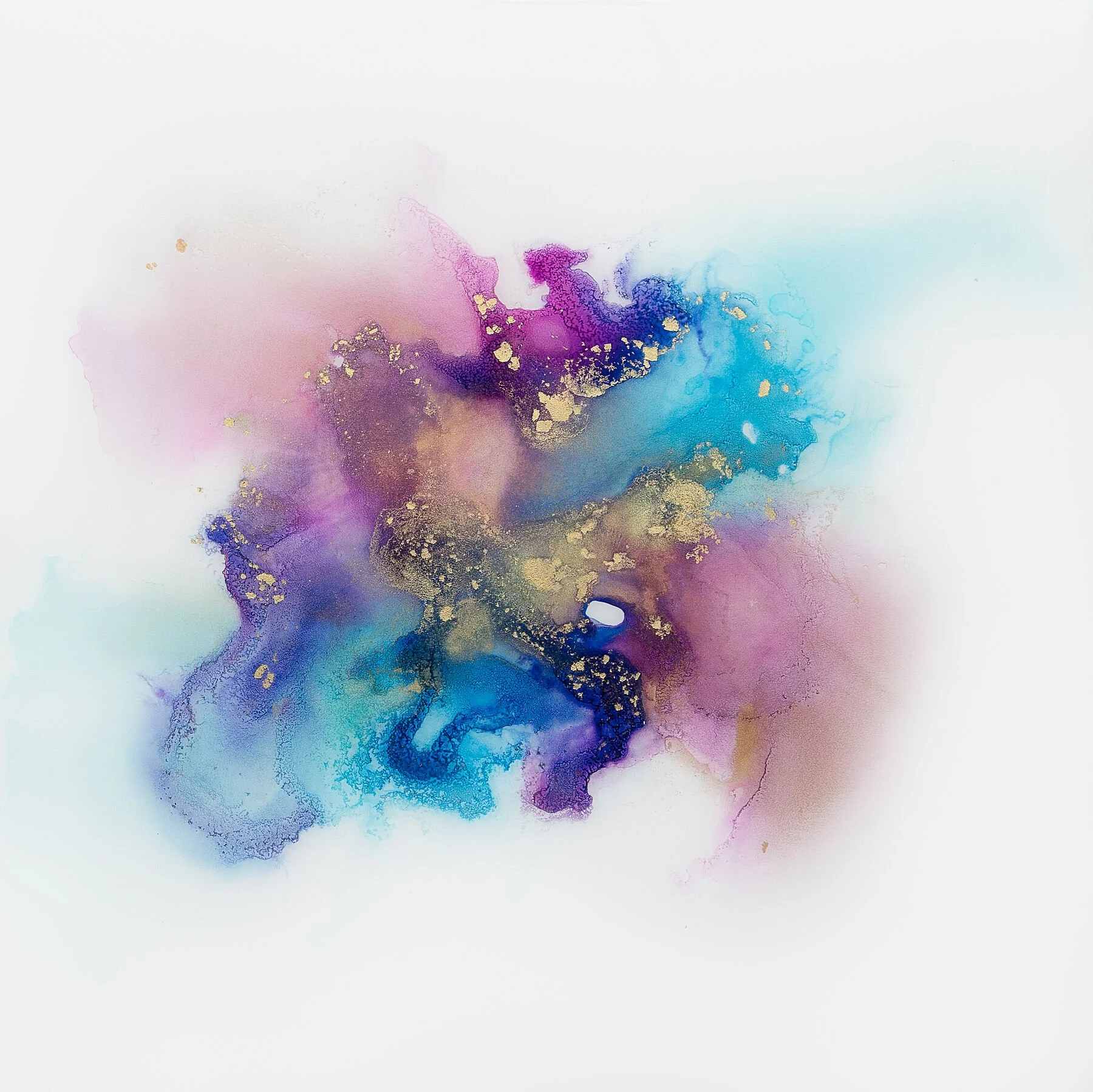 Abstract watercolor painting with splashes of purple, pink, blue, black, and gold on a white background.