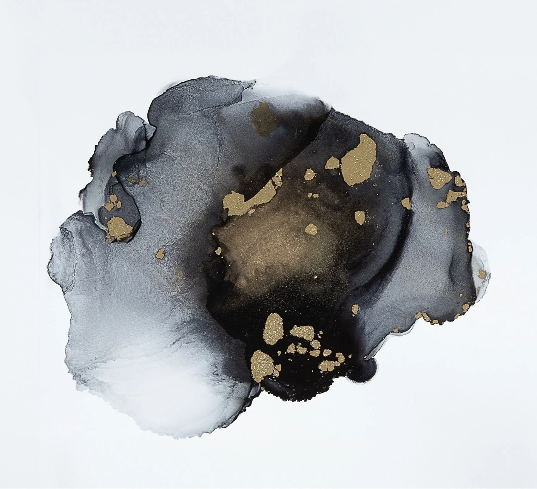 Abstract black and gold watercolor painting on white background.