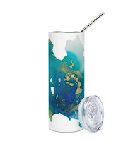 A white tumbler with a colorful abstract design, a clear plastic lid, and a metal straw.