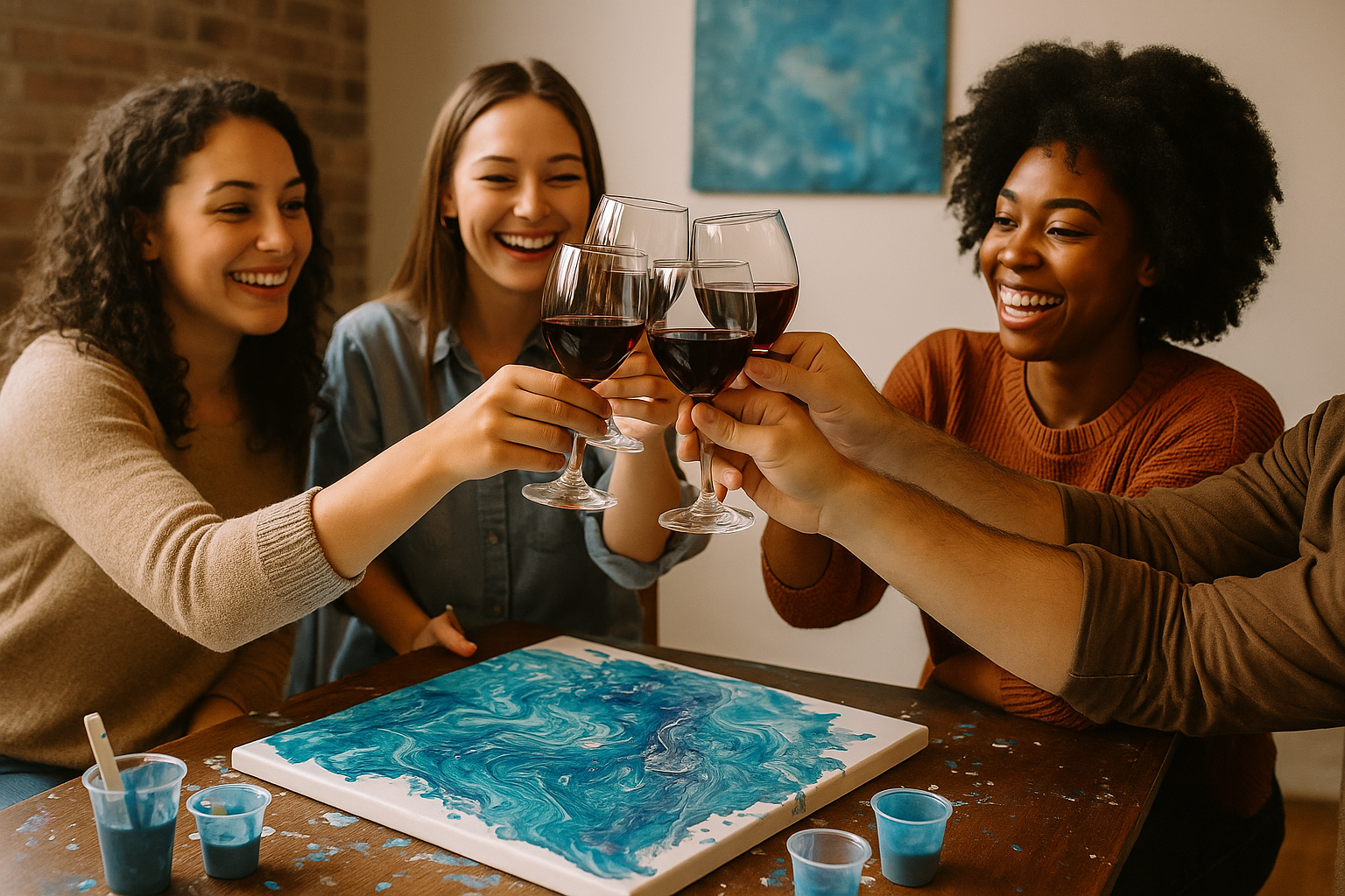 Four women clink glasses of red wine in a toast, smiling and gathered around a table with blue abstract art and painting supplies.
