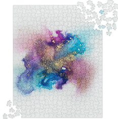 Abstract watercolor splash with shades of purple, blue, and gold.