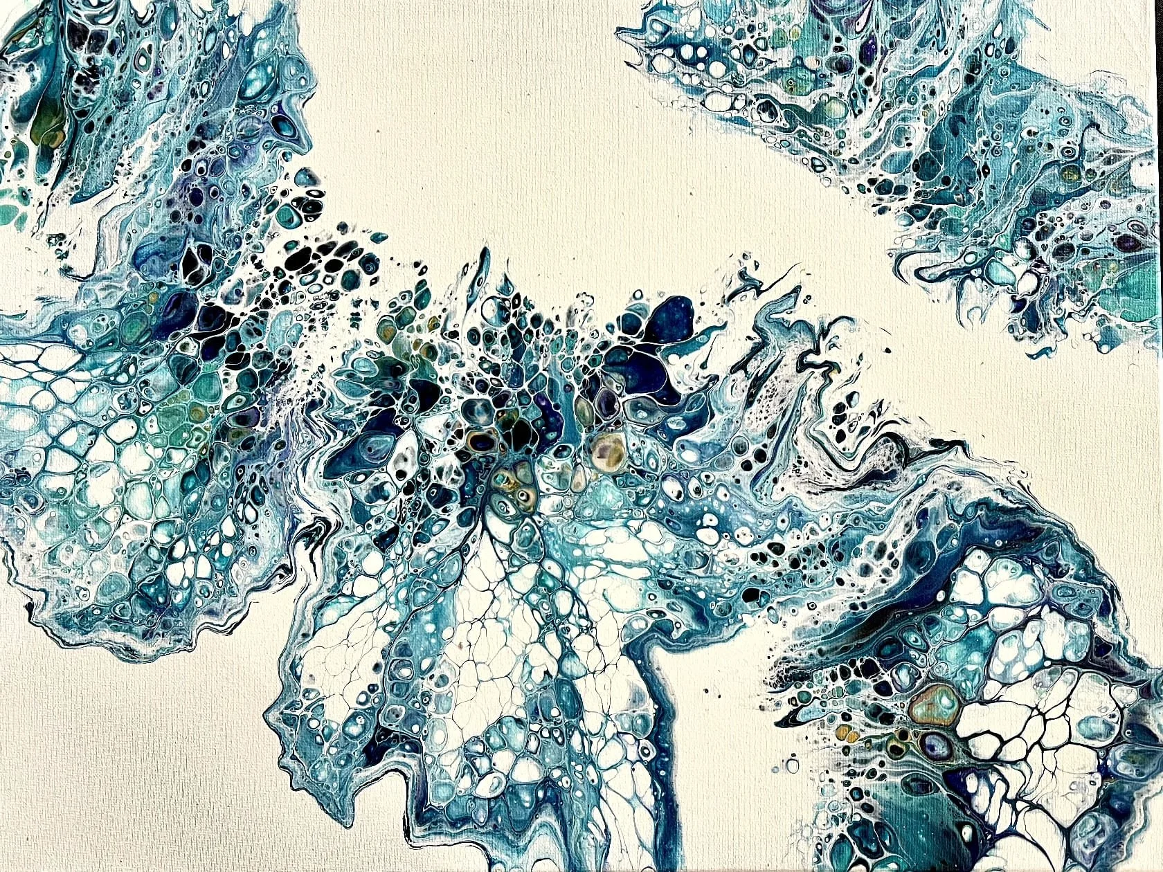 Abstract acrylic painting with swirling patterns of blue, teal, white, and black on a cream background.