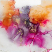 Abstract watercolor painting with purple, orange, yellow, and pink hues.