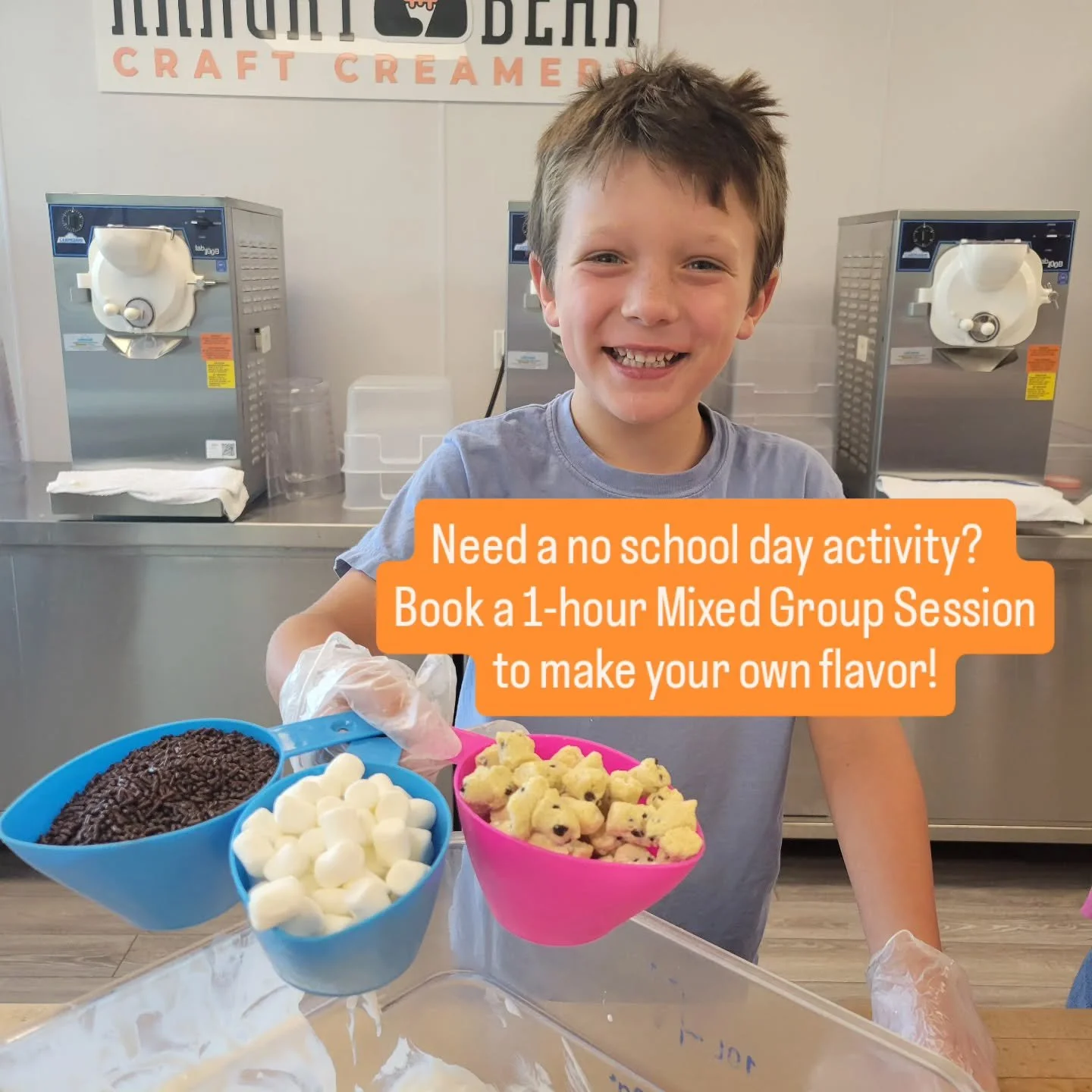 No school? No problem! Book a 1-hour Mixed Group Studio Session for October 13th or any Monday! 

1 ticket is good for up to 4 people working together to make 1 custom flavor of ice cream. Make a day of it and hang out and have lunch or dinner while 