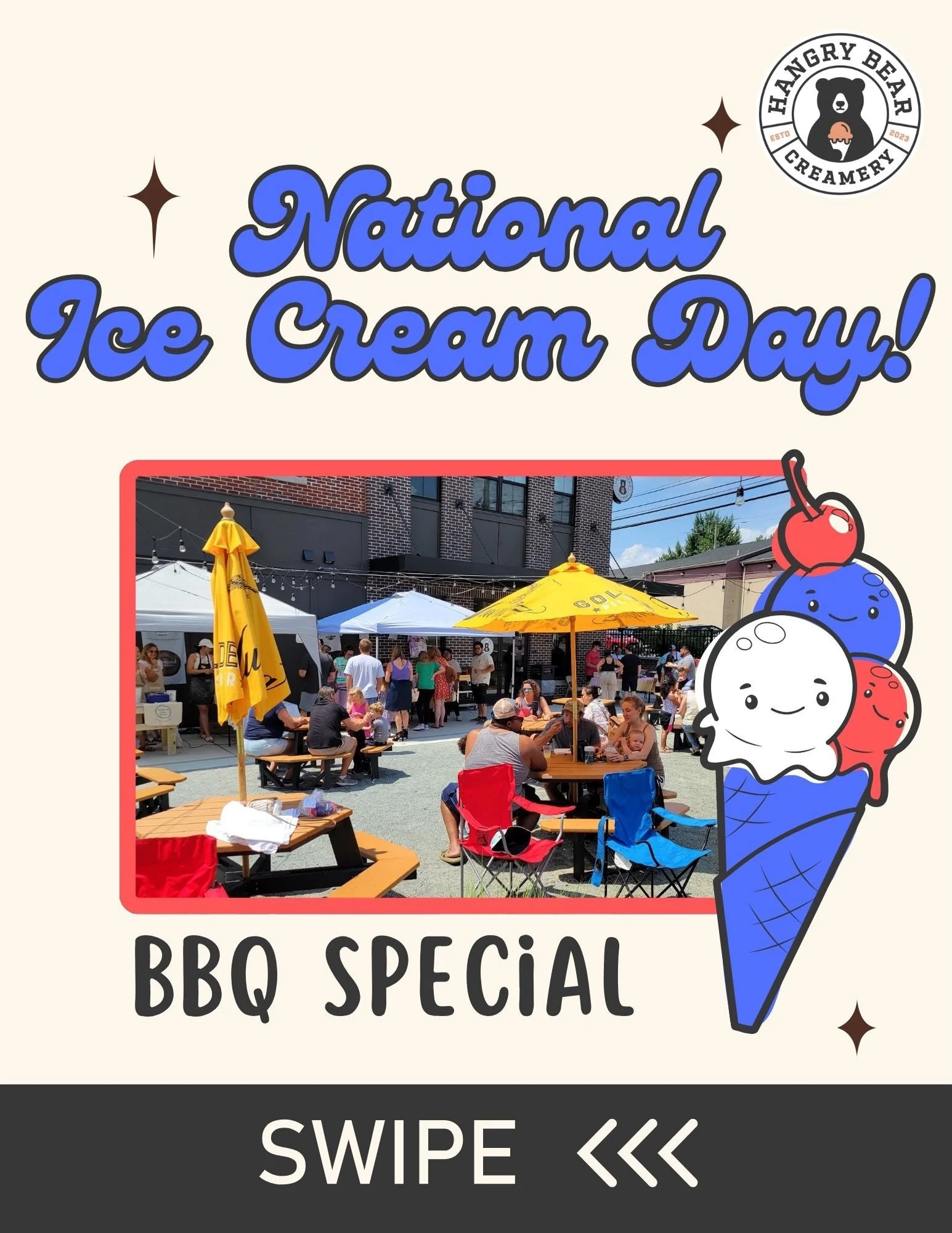 National Ice Cream Day is happening at Hangry Bear on July 19th from 11AM - 4PM, and our BBQ Special will be available all day! 🍦🔥

Pick your protein, choose your style, and grab two sides for a delicious BBQ meal to enjoy while you celebrate!