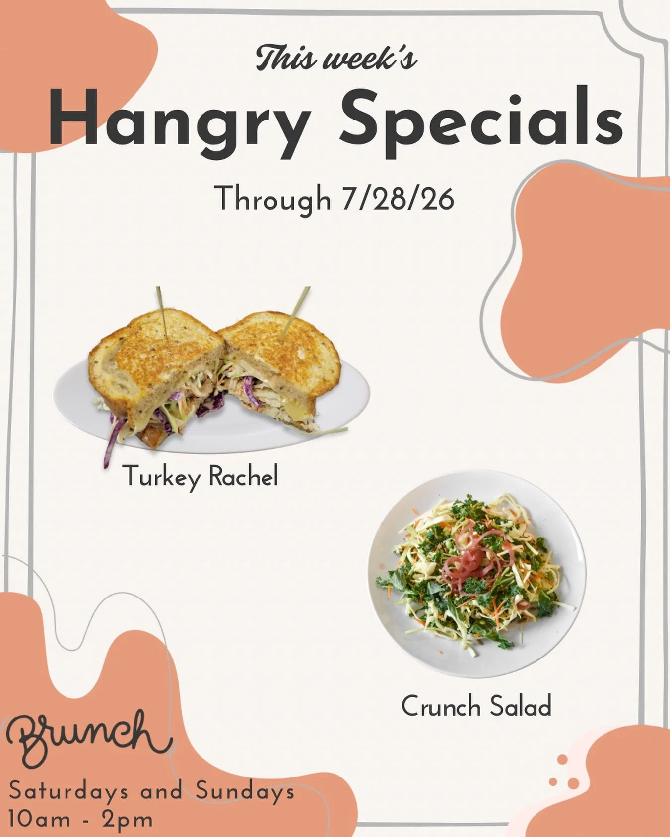 There&rsquo;s plenty to be excited about with this week&rsquo;s specials!

Turkey Rachel &ndash; A toasted rye sandwich with turkey, Thousand Island dressing, Swiss cheese, and coleslaw

Crunch Salad &ndash; A fresh salad with cabbage, carrots, kale,