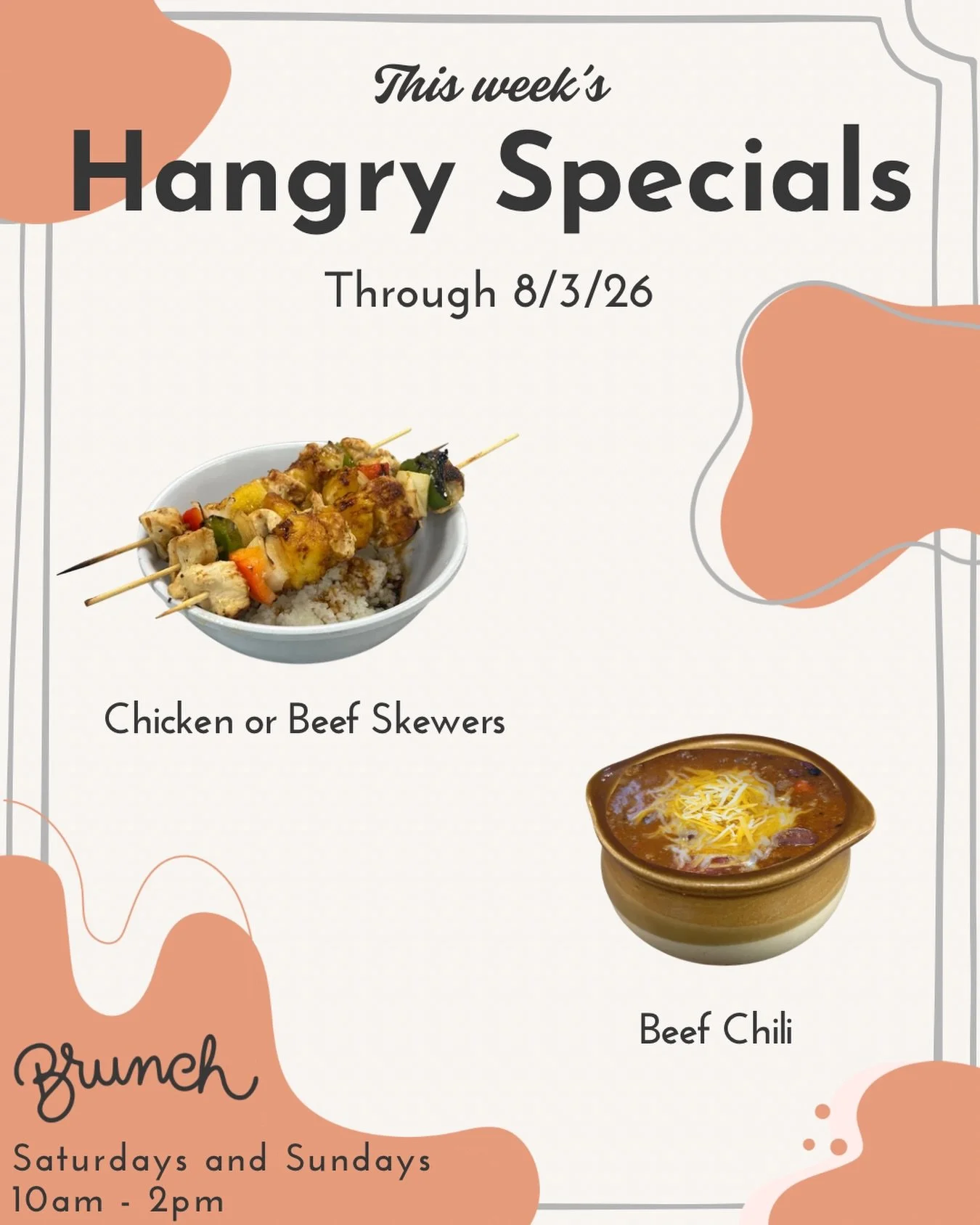 There&rsquo;s plenty to be excited about with this week&rsquo;s specials!

Beef Chili &ndash; A hearty beef chili topped with cheddar cheese and sour cream

Chicken or Beef Skewers &ndash; Three chicken or beef skewers served over white rice with ter