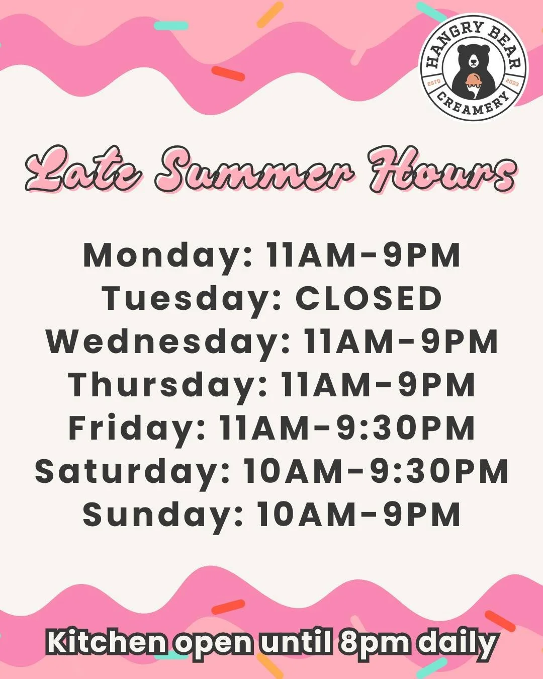 As we near the end of summer, we have some new hours starting today. 

We are open these times for the rest of the season, so be sure to stop by, enjoy the warm weather, and treat yourself!