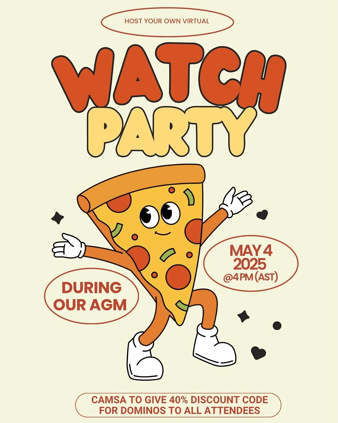 Exciting Newsπππ, enjoy a good za during our AGM, 40% OFF!!!
Dominos is providing ALL AGM attendees with a 40% discount code for the duration of our AGM on May 4th. It’s not too late to register! 
Discount codes available for at all campus
