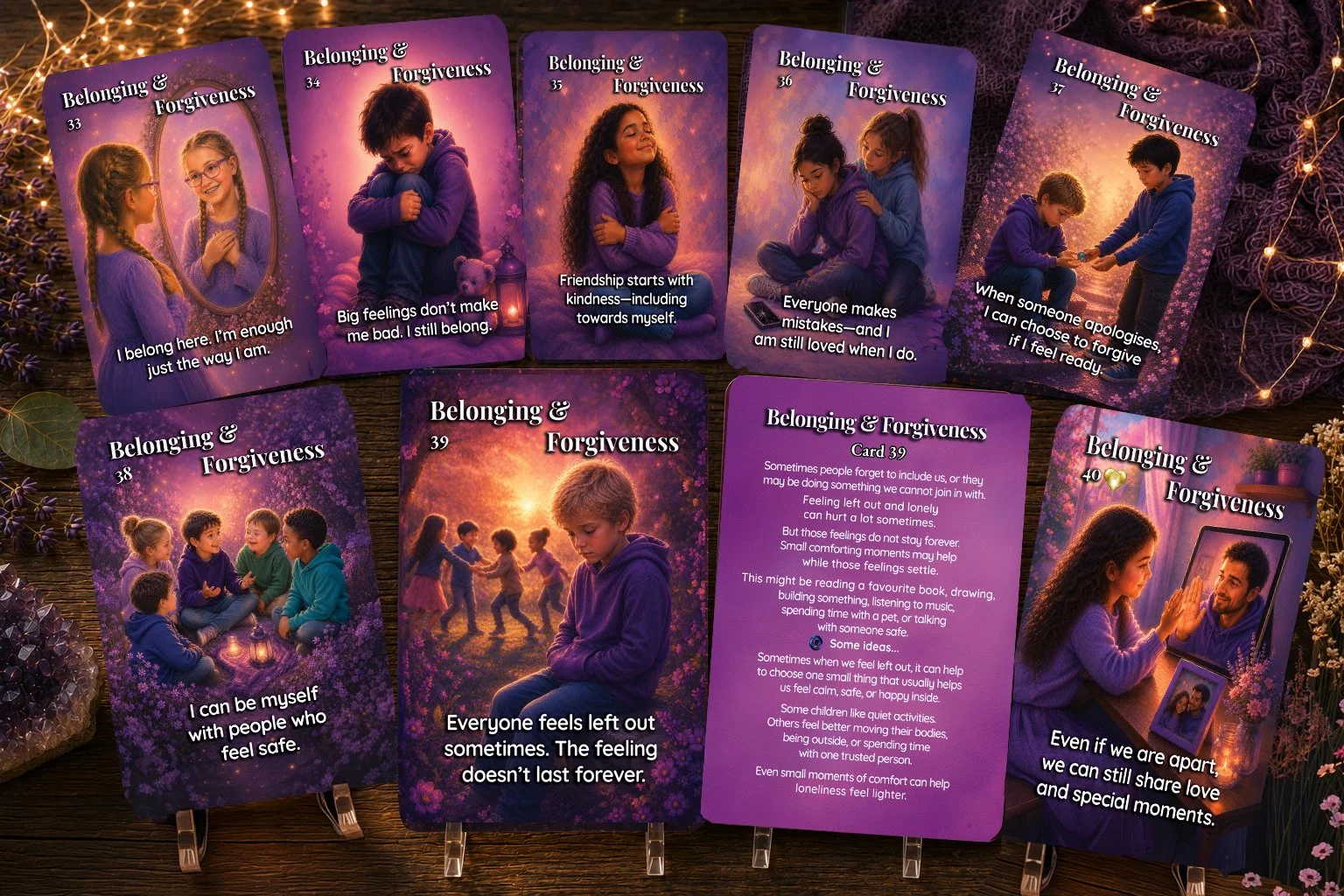 Belonging & Forgiveness cards from the Whispers from the Secret Heart deck by Pippa Rai, helping children explore belonging, relationships, self-acceptance and forgiveness.