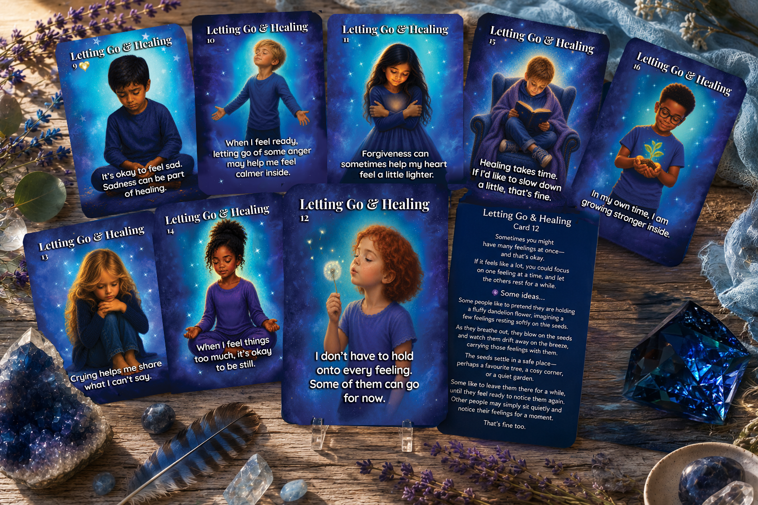 Letting Go & Healing cards from the Whispers from the Secret Heart deck by Pippa Rai, gently supporting children as they explore difficult feelings, healing and letting go.