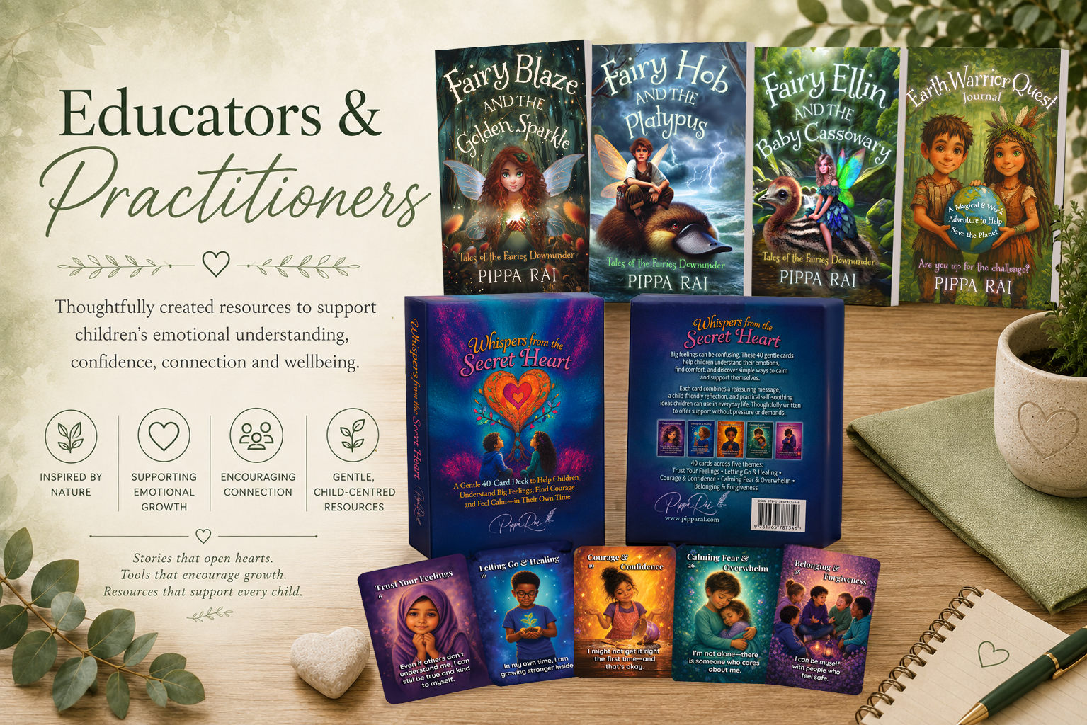 Resources for Educators & Practitioners by Pippa Rai, featuring the Tales of the Fairies Downunder children’s books, Earth Warrior Quest Journal and Whispers from the Secret Heart emotional support card deck for children.