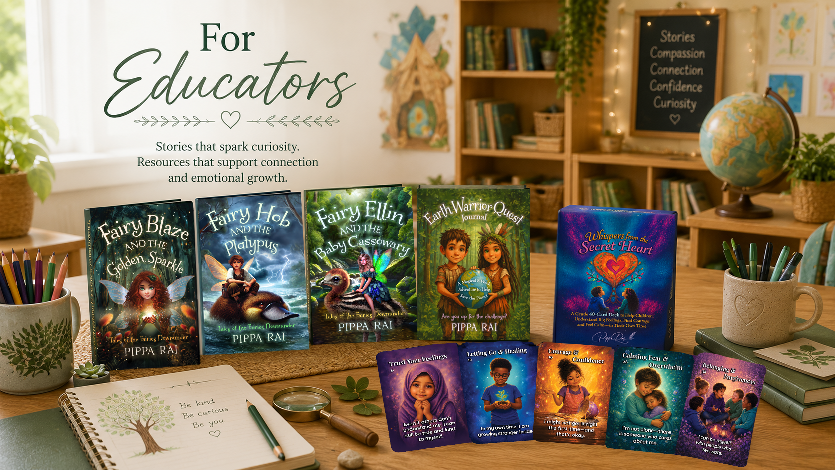 Resources for Educators by Pippa Rai, featuring children’s books, the Earth Warrior Quest Journal and Whispers from the Secret Heart emotional support cards, with ideas for classroom learning, discussion and emotional understanding.