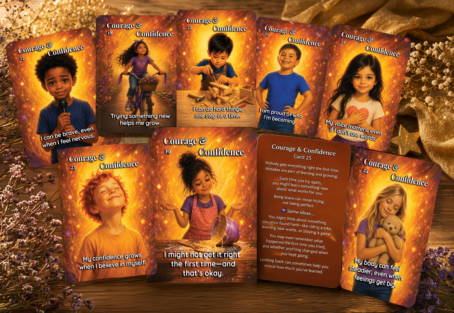 Courage & Confidence cards from the Whispers from the Secret Heart deck by Pippa Rai, gently supporting children to build courage, self-belief and confidence in themselves.