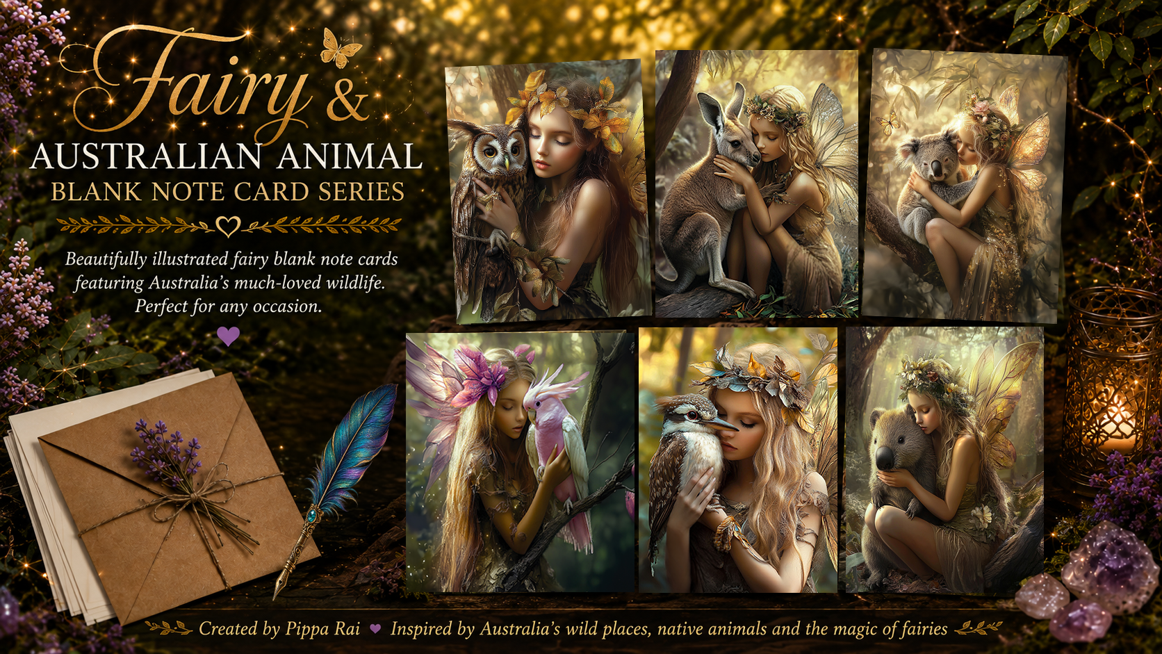 Fairy and Australian Animal blank note card collection by Pippa Rai, featuring fairies with a masked owl, kangaroo, kookaburra, wombat, cockatoo and koala.