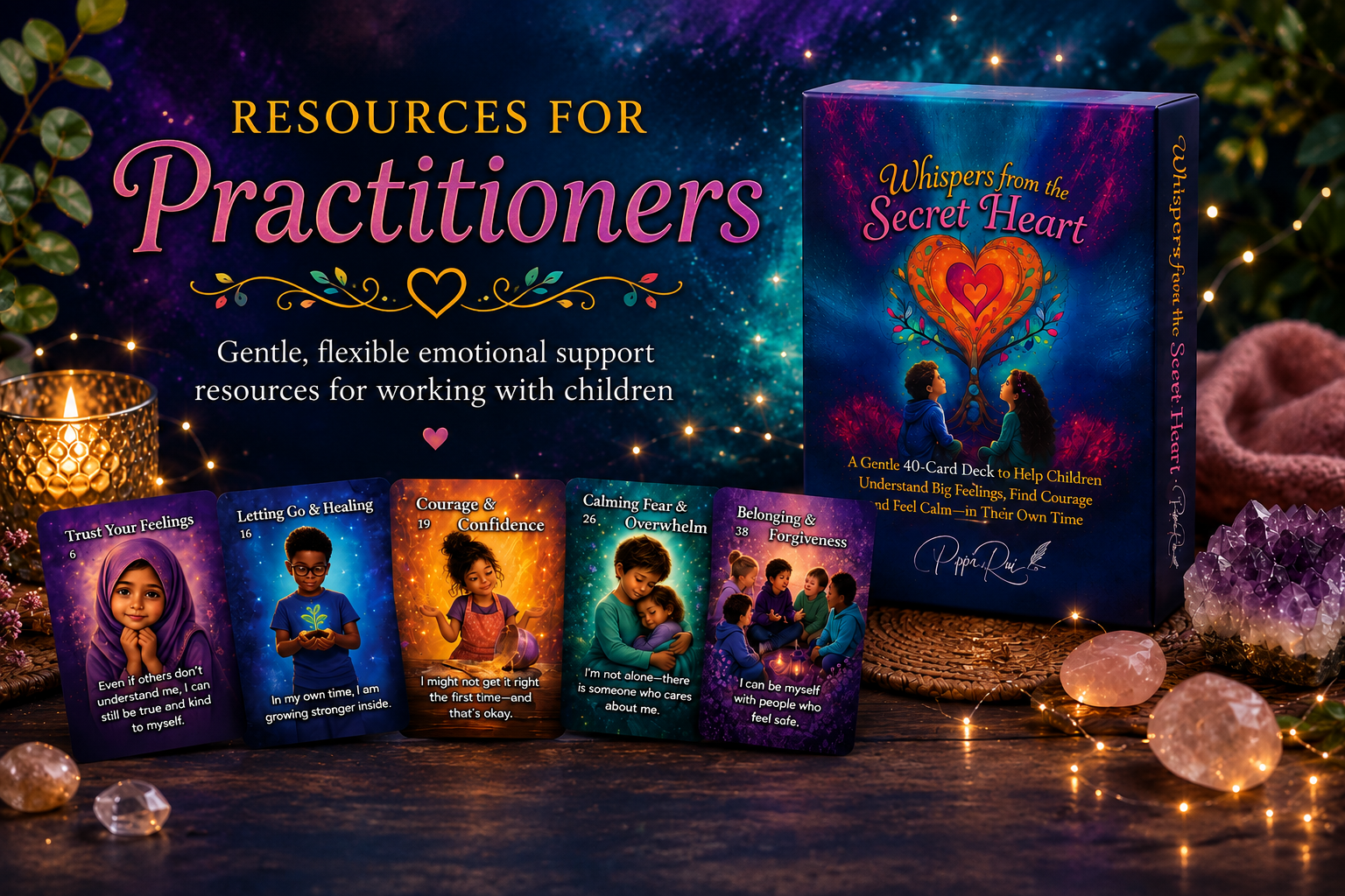 Whispers from the Secret Heart emotional support card deck by Pippa Rai, a gentle, flexible resource for practitioners supporting children with feelings, confidence, connection and emotional wellbeing.