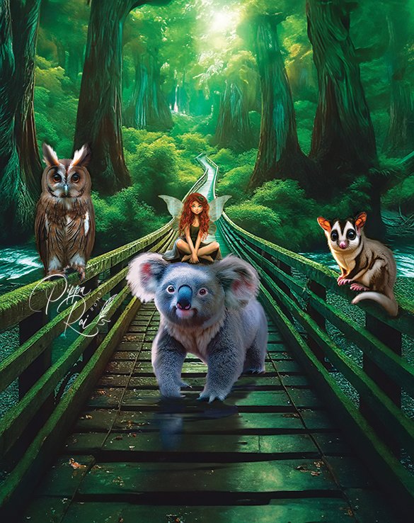 Soren the Owl, Elowen the Koala, Nirani the Sugar Glider and Fairy Blaze