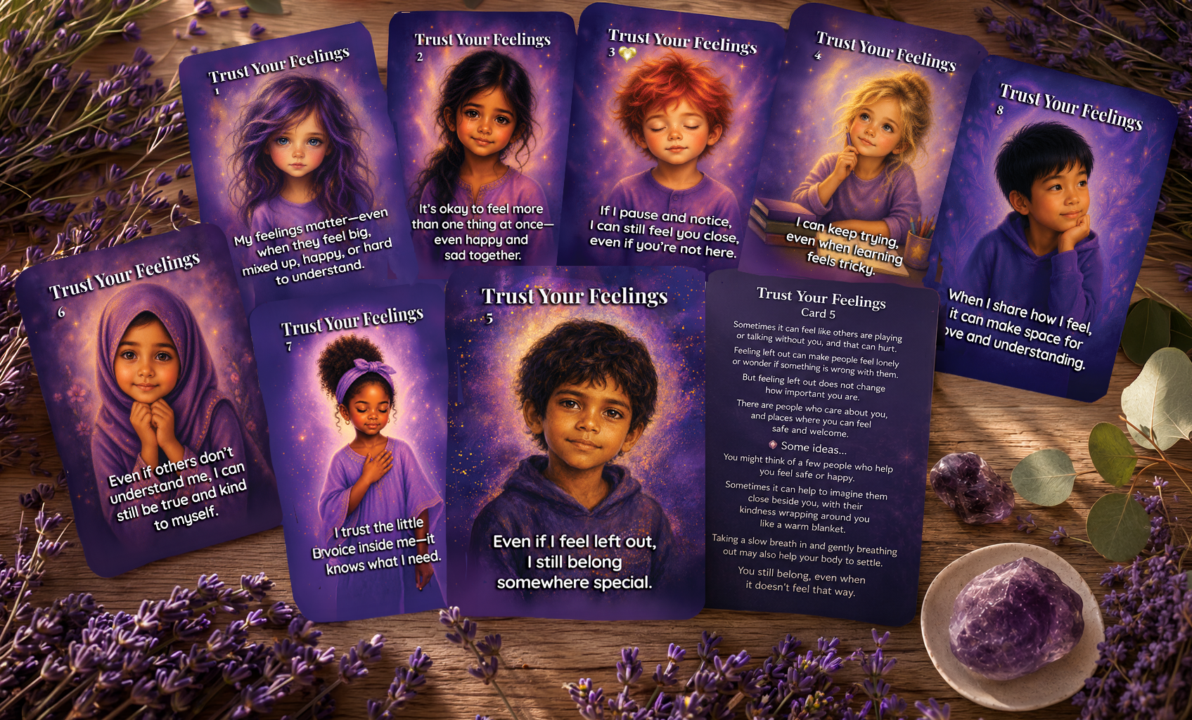 Trust Your Feelings cards from the Whispers from the Secret Heart deck by Pippa Rai, helping children explore emotions, self-trust and kindness towards themselves.