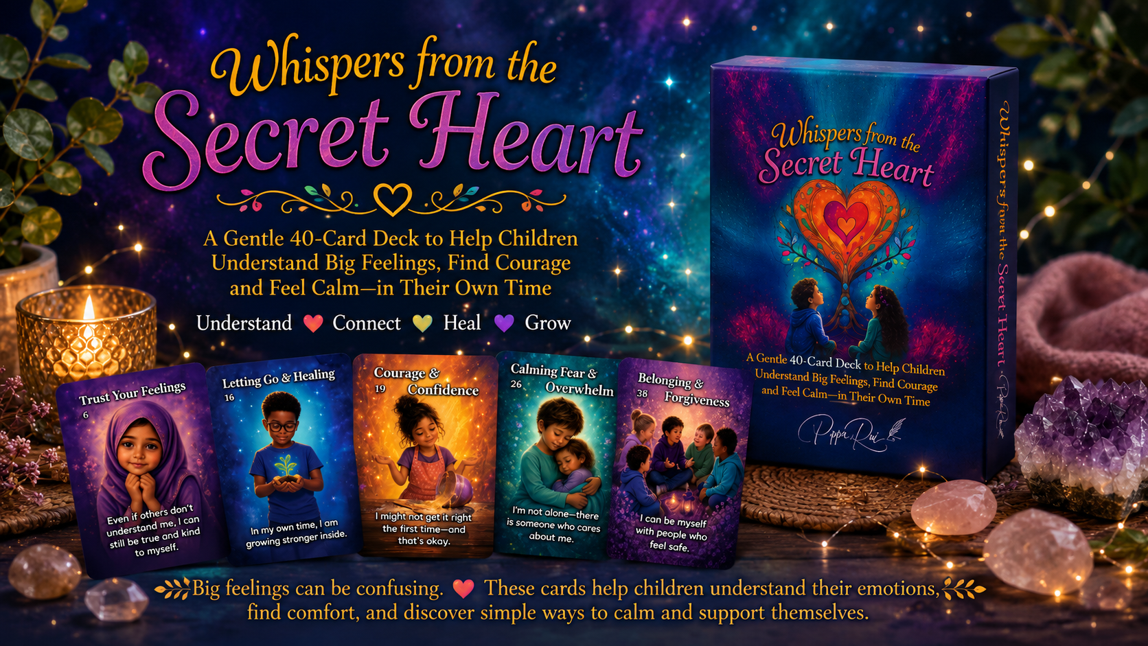 Whispers from the Secret Heart emotional support card deck by Pippa Rai, created to help children explore feelings, build confidence and find calm through gentle, choice-based reflection.