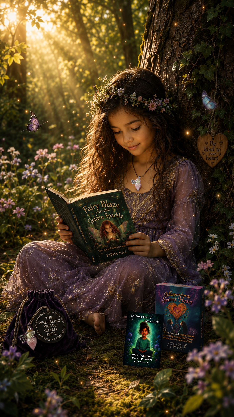 Young girl reading Fairy Blaze & The Golden Sparkle by Pippa Rai in an enchanted forest setting with butterflies and fairy lights.