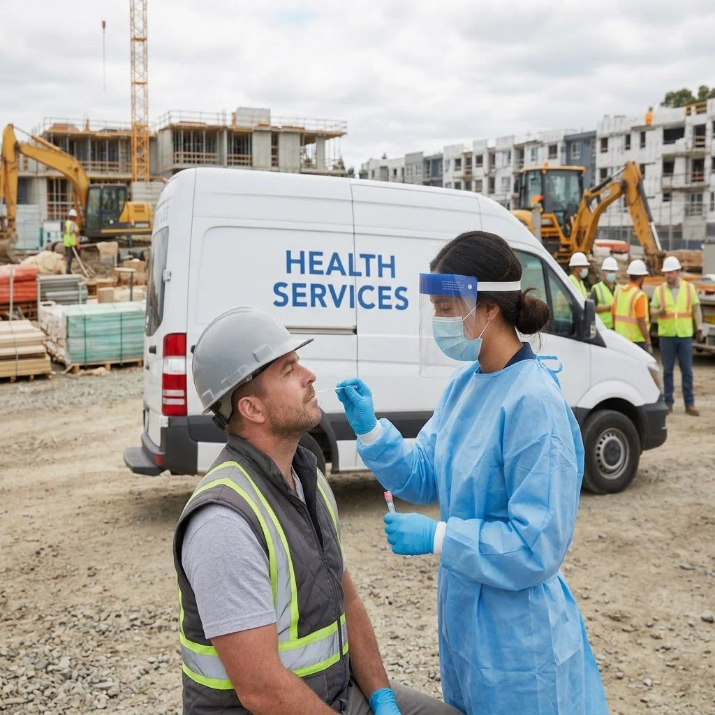 Health worker in PPE conducting a COVID-19 nasal swab test on a construction worker at a construction site with a health services van and construction workers in the background.