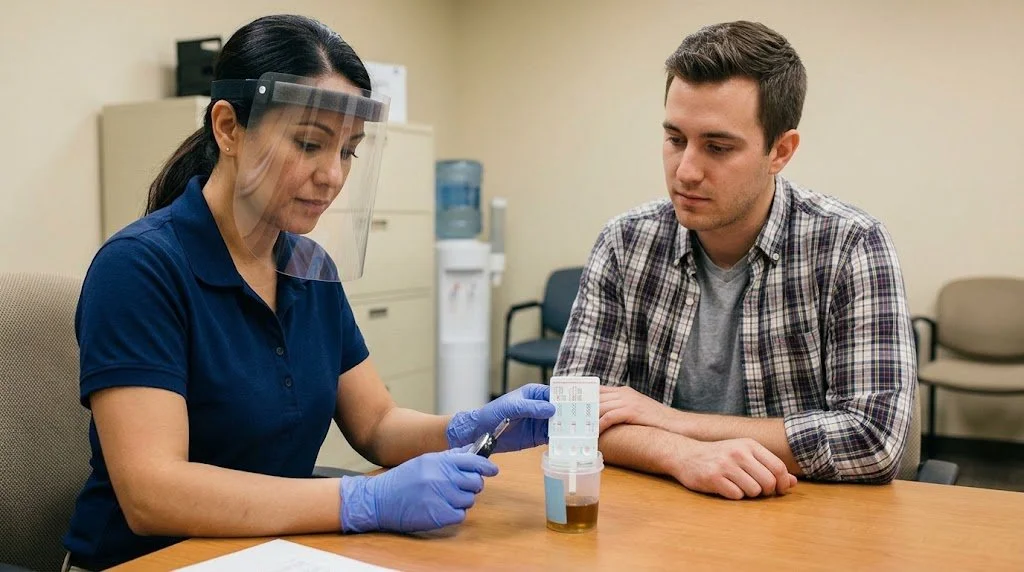 A healthcare worker in a face shield and gloves prepares a urine sample for testing while a man observes in a medical office.