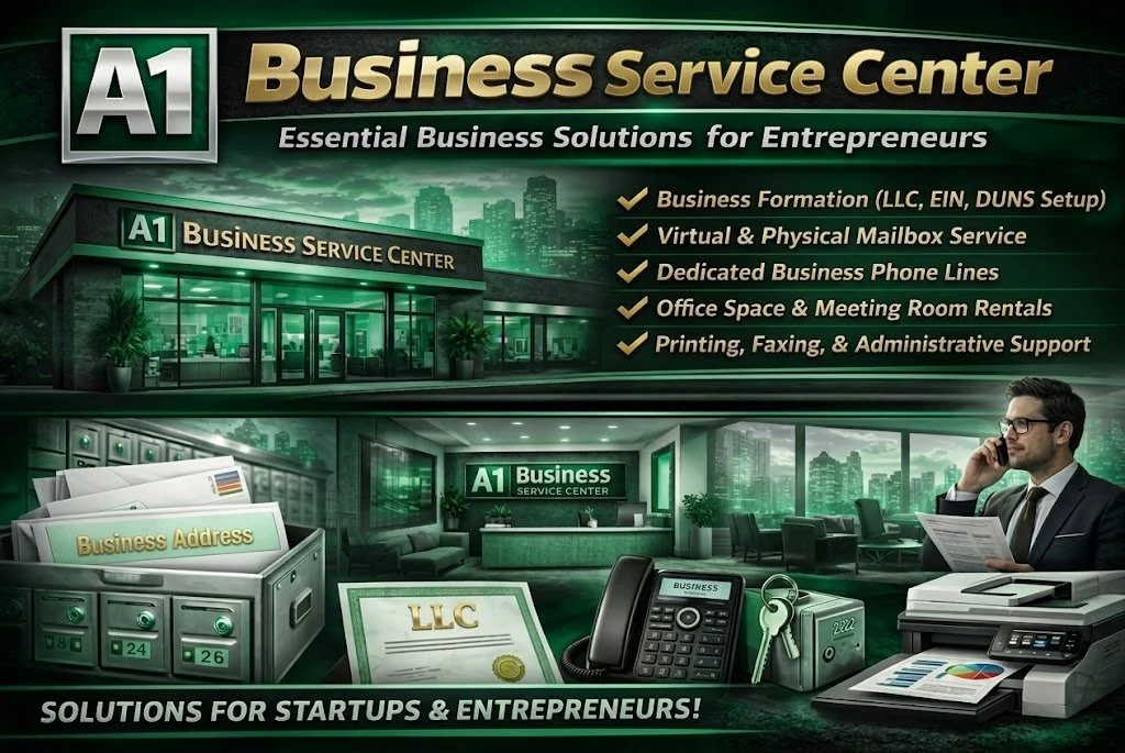 Digital advertisement for A1 Business Service Center, offering business solutions for entrepreneurs including formation, mailbox service, dedicated phone lines, office rentals, and administrative support. Features an office building, an interior view, and an entrepreneur on a phone.