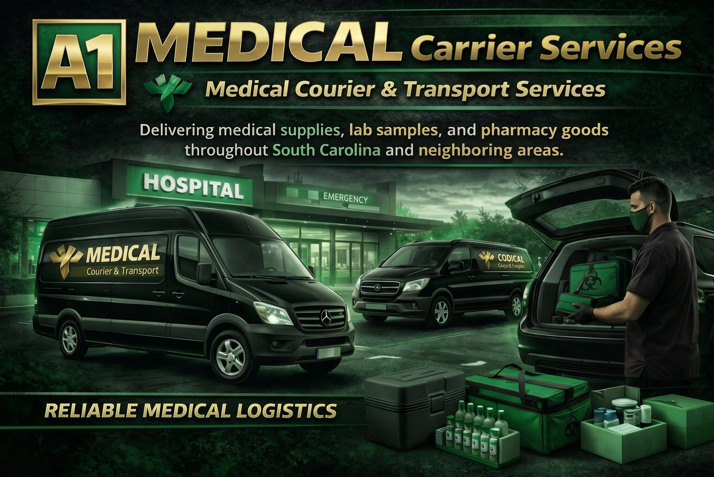 A medical courier and transport service setup with black vans branded 'Medical Courier & Transport' parked outside a hospital. The scene includes medical supplies, lab samples, and pharmacy goods being prepared for delivery. A person in a black uniform and face mask is organizing medical kits and bottles near an open vehicle trunk.