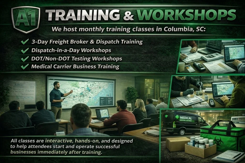 A promotional flyer for A1 Training & Workshops in Columbia, SC, featuring classes on freight broker training, dispatch workshops, DOT testing, and medical business training, with images of classroom sessions, medical logistics, and online planning.