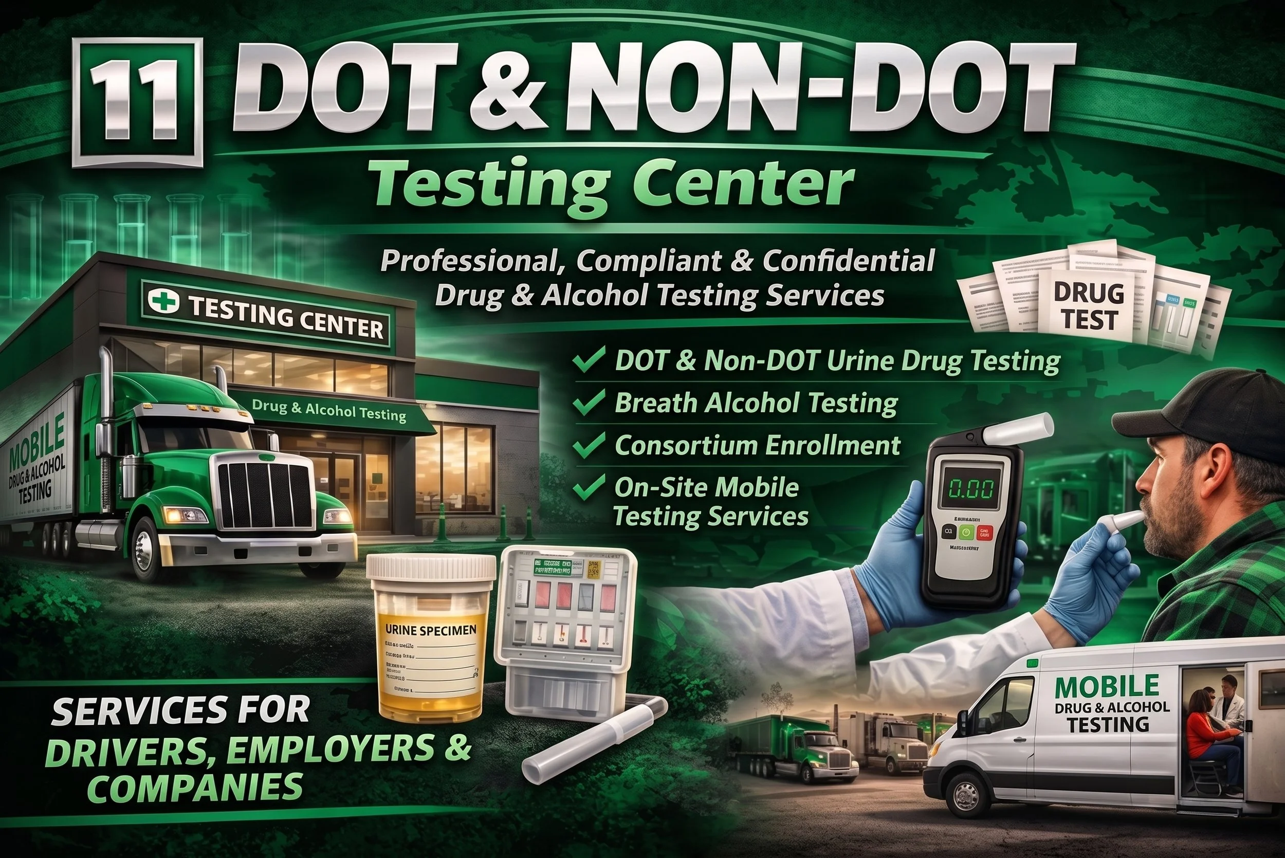 Advertisement for a drug and alcohol testing center showing a green truck, a building with a sign reading 'Testing Center,' a mobile testing van, and a person administering a breath alcohol test with a breathalyzer device, with various drug test kits visible.