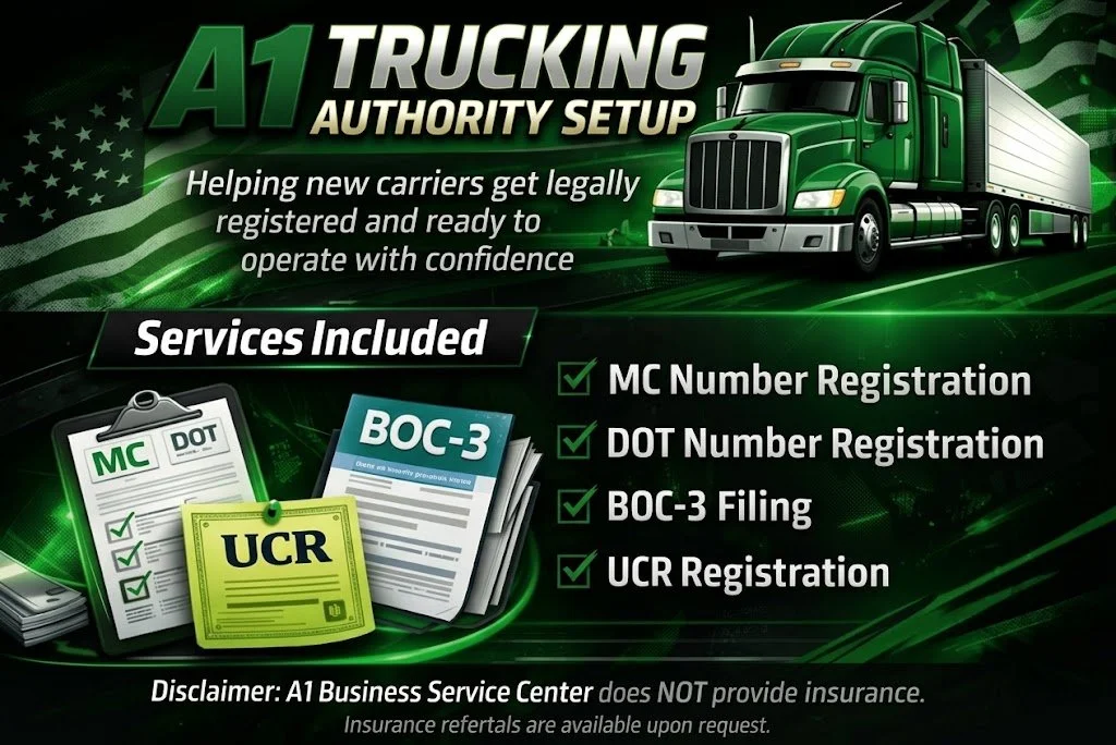 Green semi-truck with text about A1 trucking authority setup, listing services like MC and DOT registration, BOC-3 filing, and UCR registration, with American flag background.