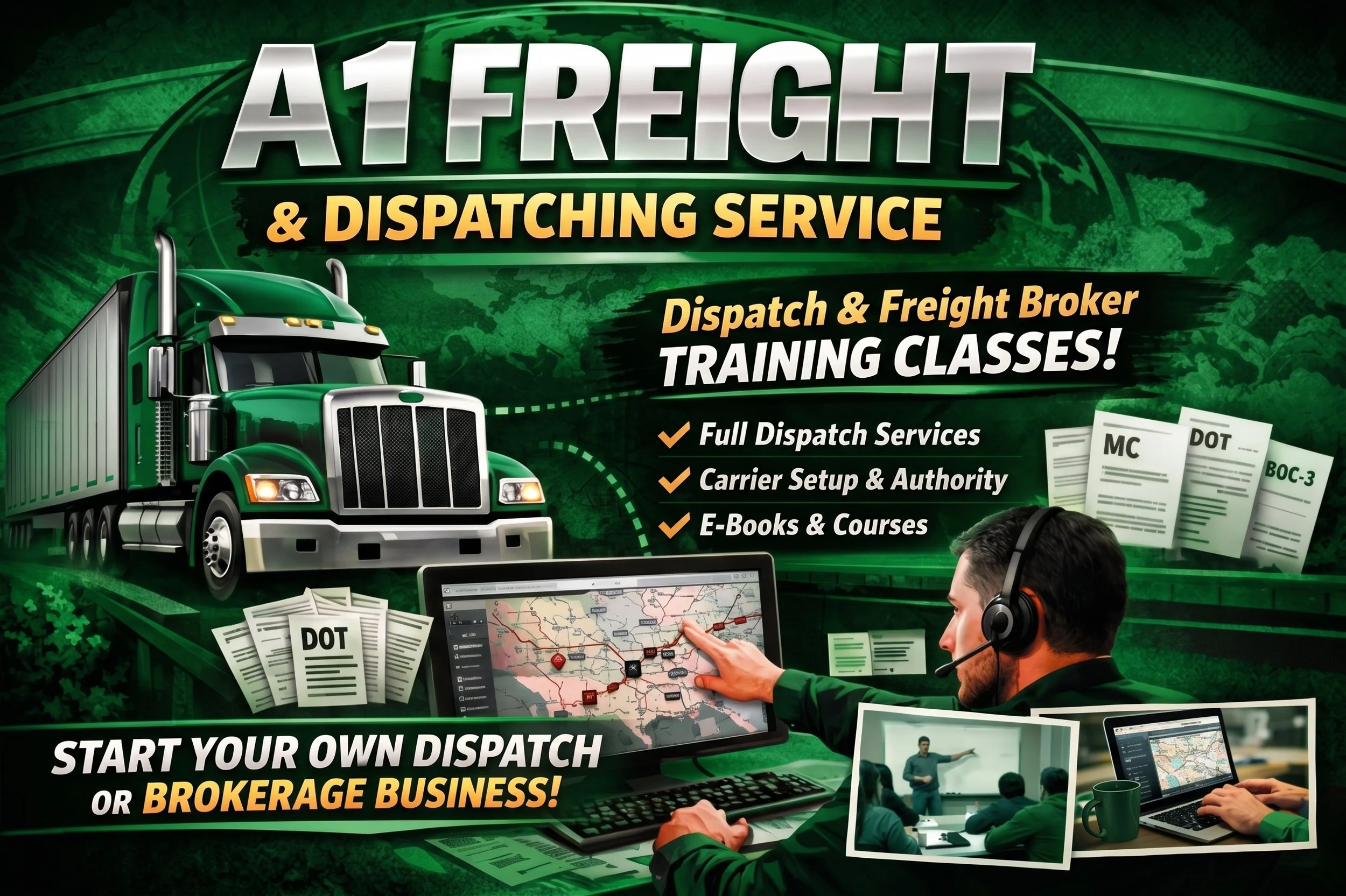 A green freight truck on a road with a background of trees and profiles of documents and a person with a headset working on a computer with a dispatch map of the United States.