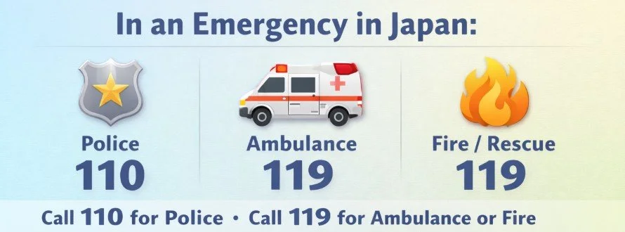 Information graphic showing emergency phone numbers in Japan: 110 for police, 119 for ambulance, and 119 for fire and rescue.