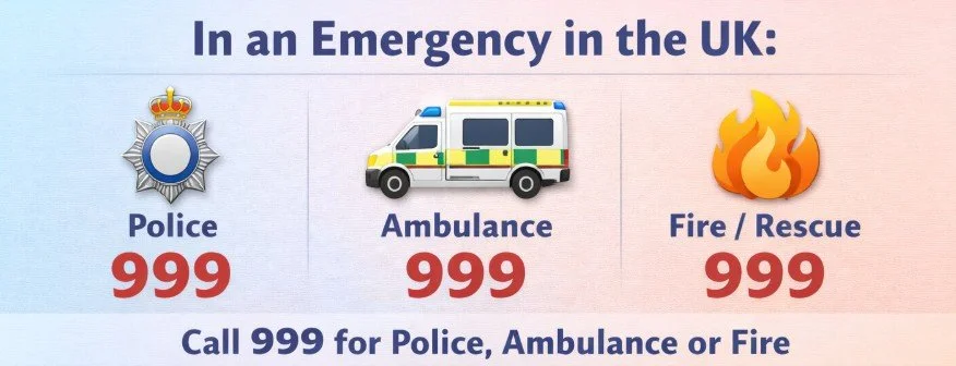 A graphic showing emergency phone numbers in the UK, with icons for Police, Ambulance, and Fire/Rescue, each with the number 999, and the instruction to call 999 for these services.