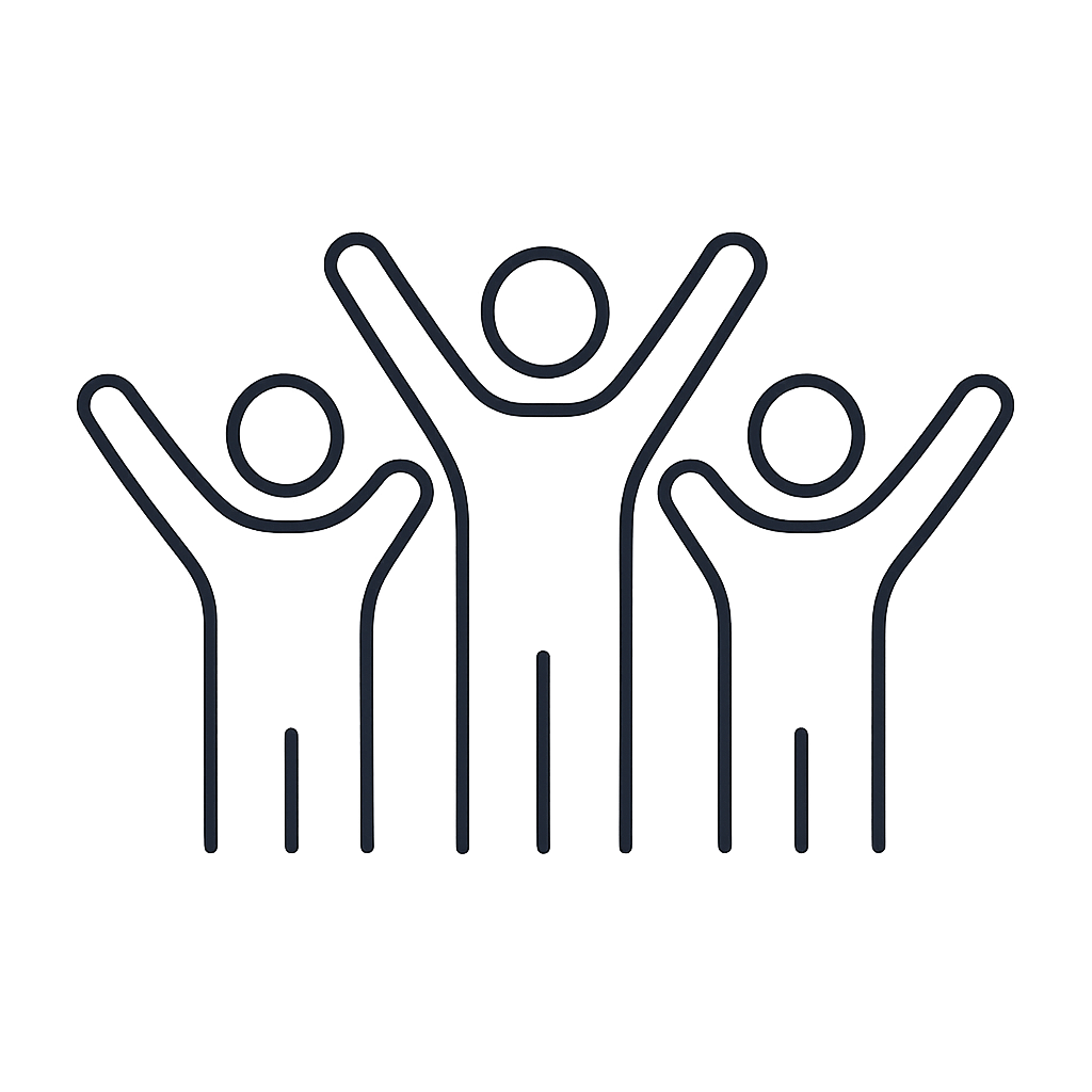 Outline of three people with raised arms, symbolizing community or teamwork, on a dark background.