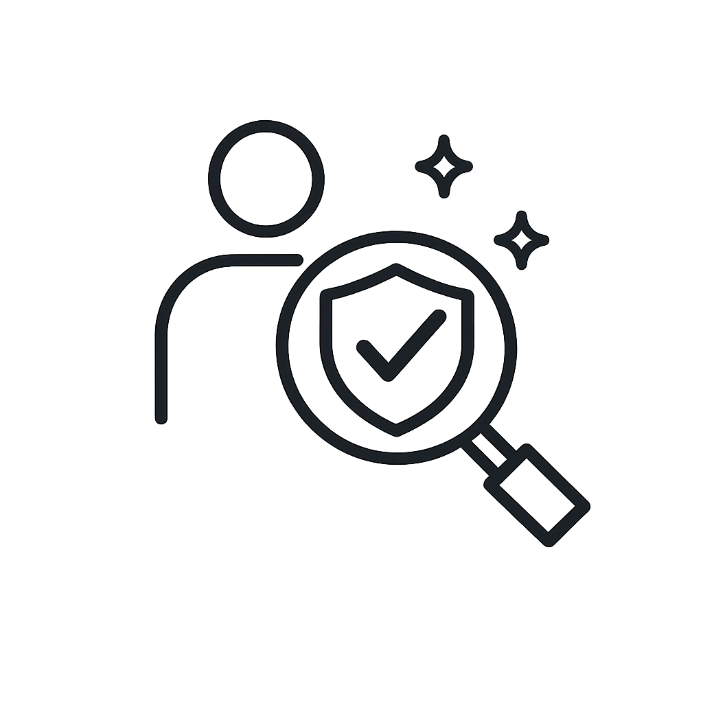 Line drawing of a person with a magnifying glass, a shield with a checkmark inside, and stars.