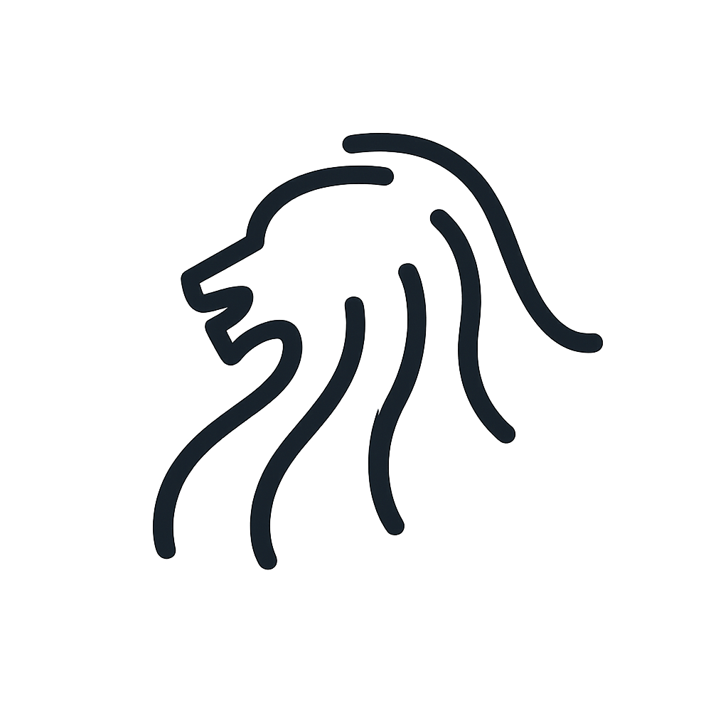 Outline drawing of a lion's head with flowing mane.
