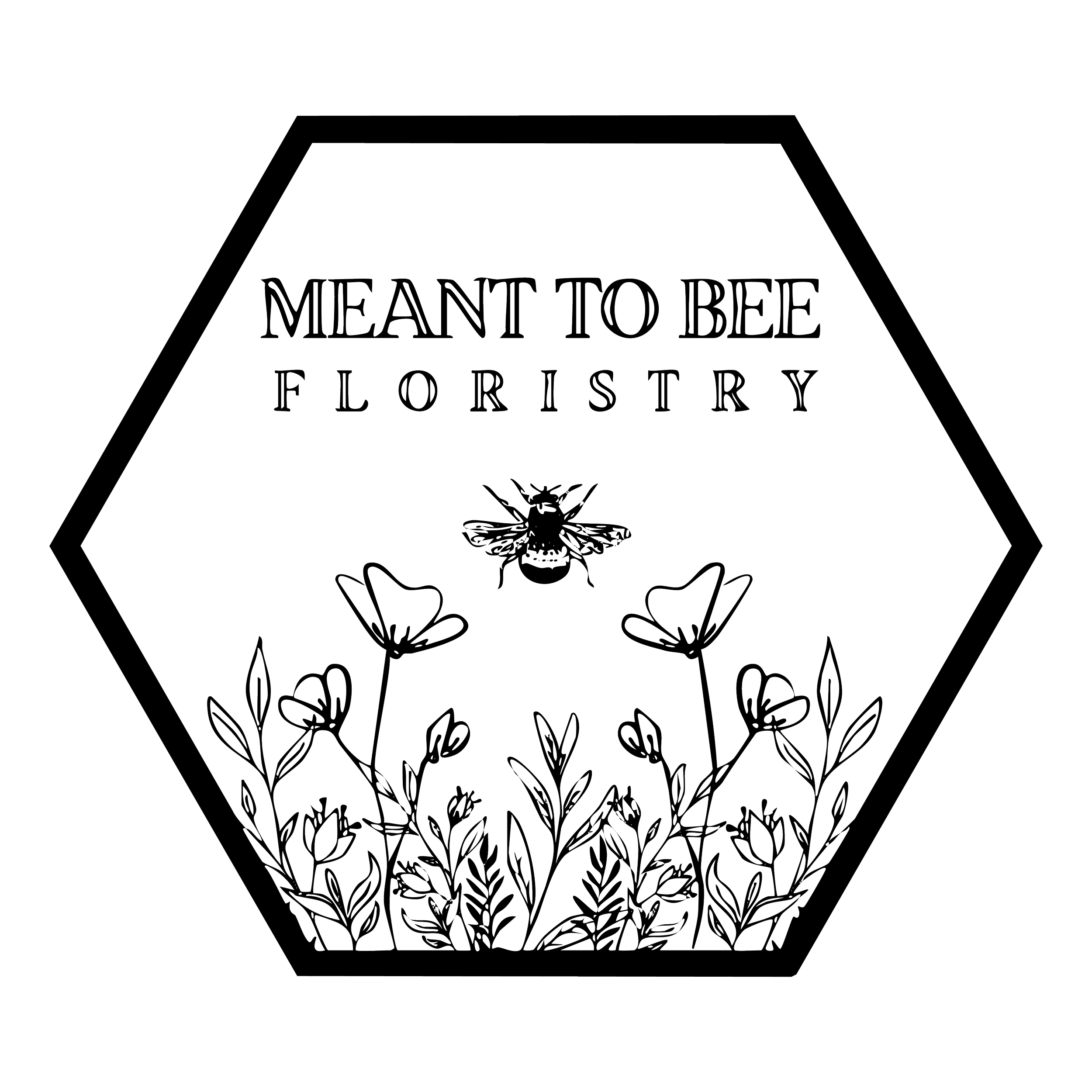 Hexagonal logo with the text 'Meant to Bee Floristry' above a bee and floral illustration.
