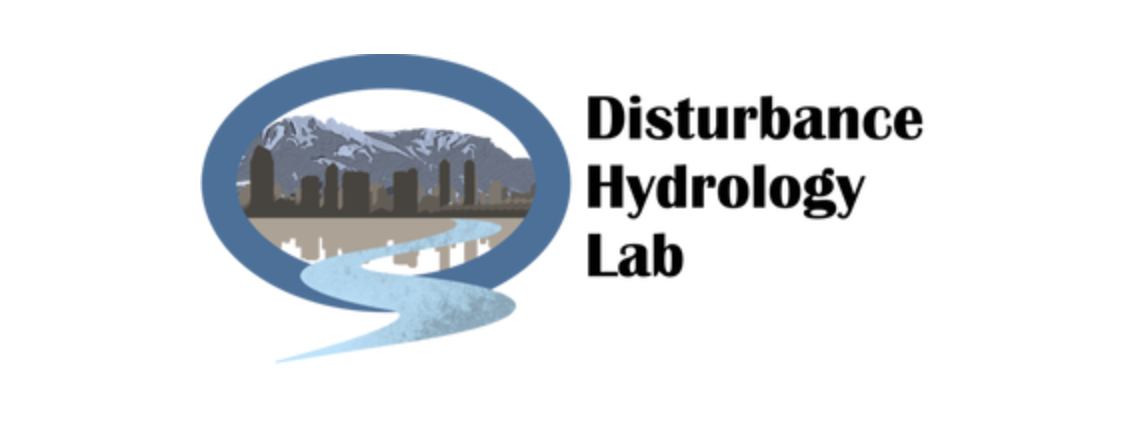 Logo of the Disturbance Hydrology Lab featuring mountains, a cityscape, and a river within a blue oval outline.