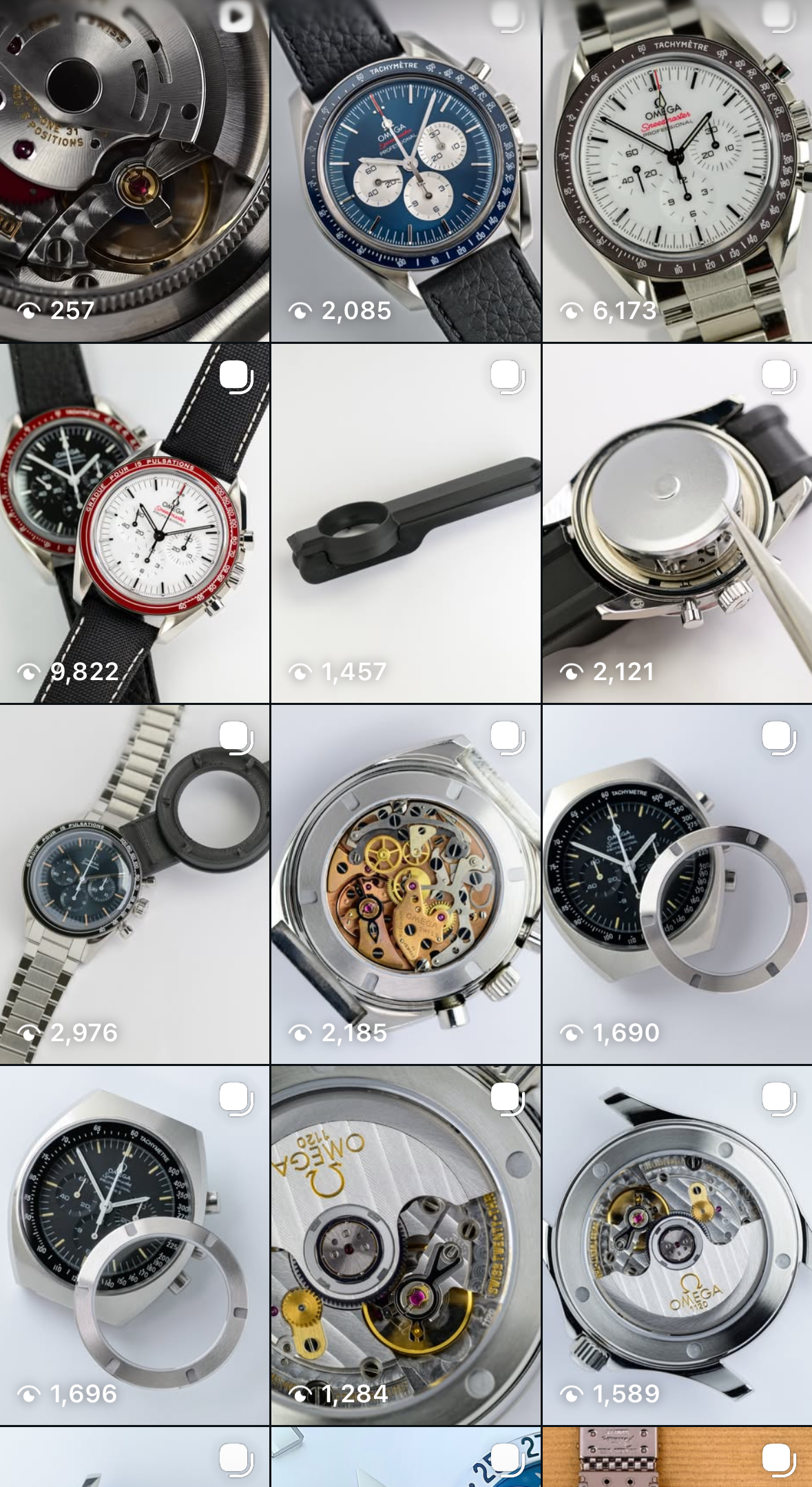 Close-up of watch movements, dials, and parts, including mechanical movements, watch faces, and tools used for watchmaking.