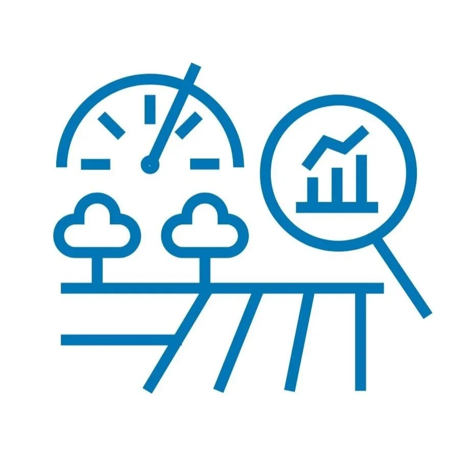 PROVE - an illustration of environmental monitoring and data analysis, featuring a speedometer, two trees, a magnifying glass with a rising bar chart, and farmland.