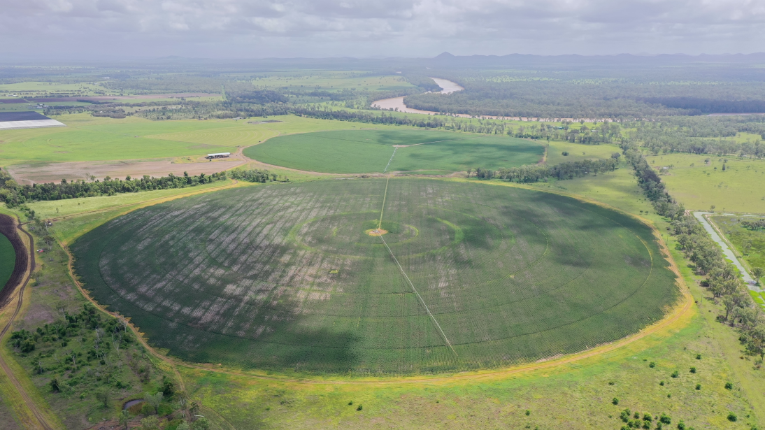 Aerial view of agricultural fields with circular irrigation patterns, a small building on the left, and a river flowing in the background under cloudy skies.