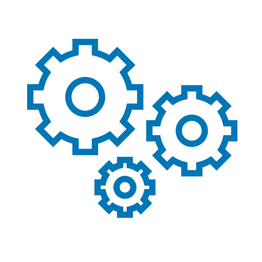 Illustration of three interconnected blue gears on a black background.