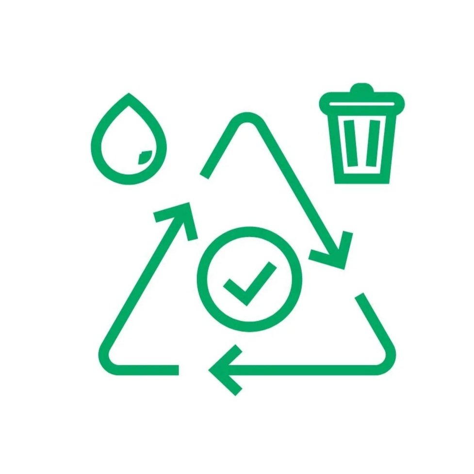 VALUE - Recycling symbols with a tick inside a circle, a water droplet and a waste bin, indicating circular solutions and revaluing resources.