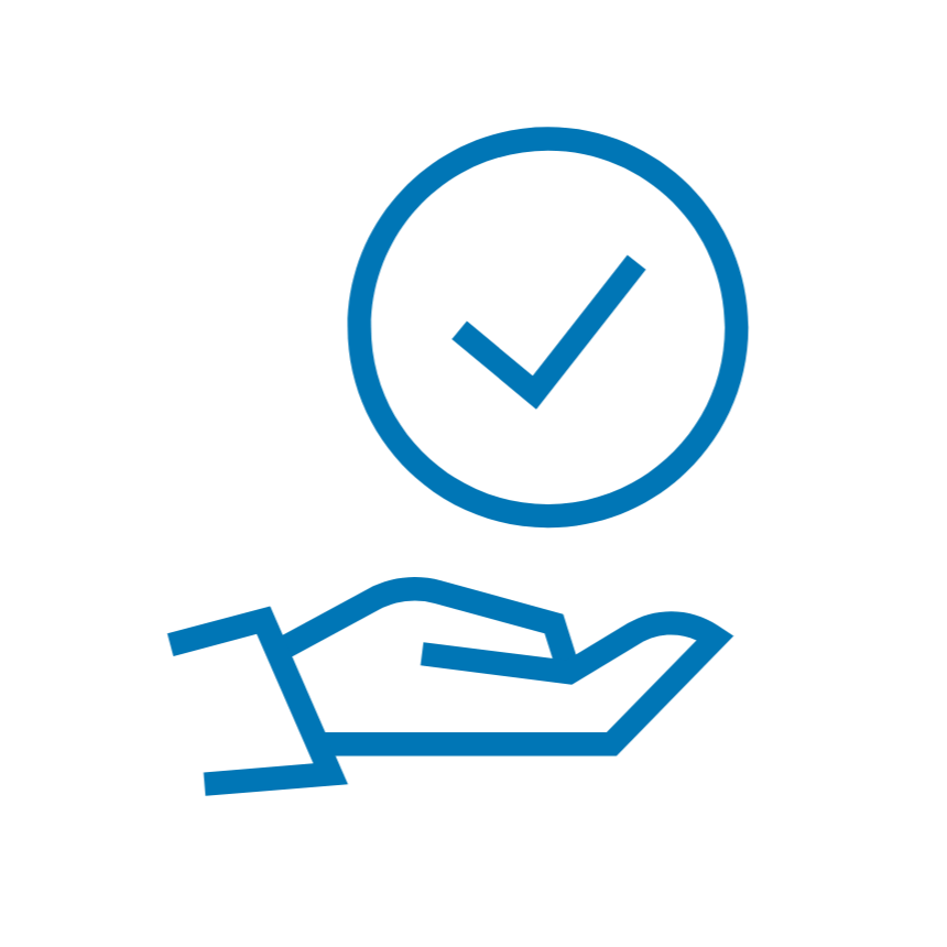 A hand holding a tick inside a circle, symbolizing approval or verification.