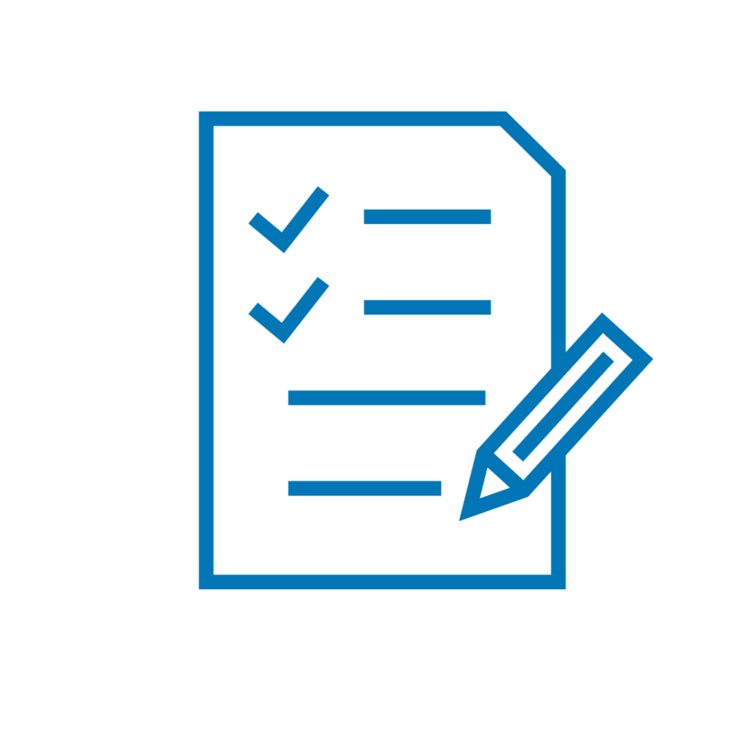 Outline of a checklist with two checked boxes and a pen.